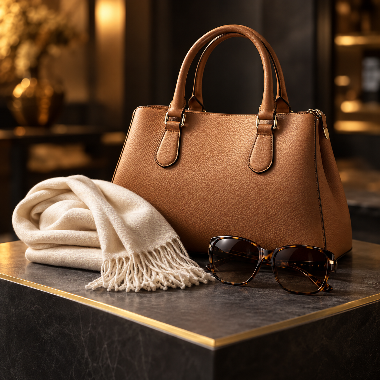 Bolso, pañuelo y lentes de sol